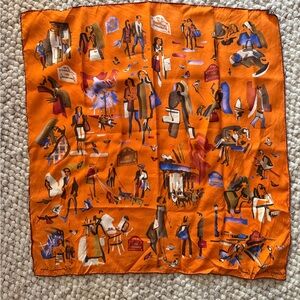 Vibrant Orange Silk Scarf with Artistic Print
